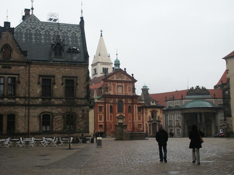 Prague Castle (Hradcany) - View of square in front of Saint Georges Basilica (red building, c.a. 950 AD)