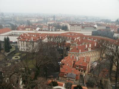 Prague Castle (Hradcany) - Looking down towards Charle's Bridge with mansion in the Lesser Quarter in foreground