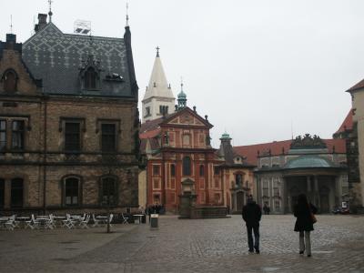 Prague Castle (Hradcany) - View of square in front of Saint George's Basilica (red building, c.a. 950 AD)