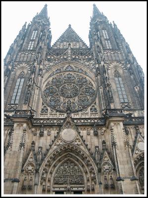 Prague Castle (Hradcany) -Facade of Saint Vitus Cathedral with large stained glass rose