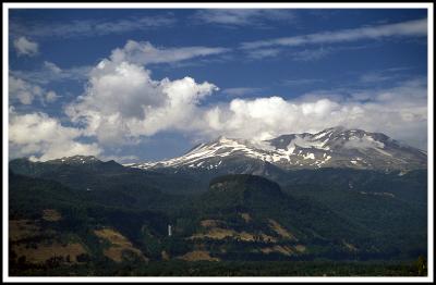 View from the Antillanca Volcano with waterfall and nearby mountains