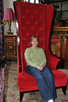 Laura in the big chair at the Trinity Capital Hotel