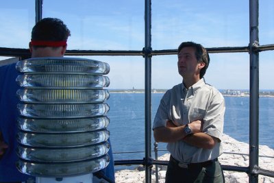 Standing in the lighthouse beacon room.