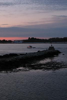 Sunrise, Fort Stark Breatwater, with Lobster Boat