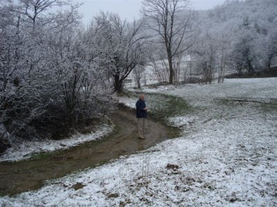 Road to Residencia after snowfall (3). Geoff comuning with nature