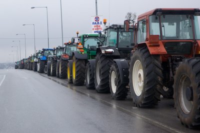 Tractors parked along the highway for comming protest-actions near Grevena