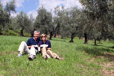 Stopping for a panini and vino in an olive grove outside Lucca