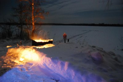 fire, near midnight, frozen lake