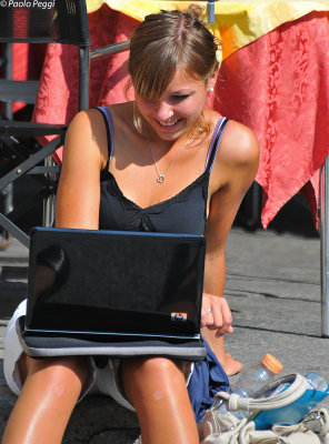 A bottle of water ,one computer ,a pair of legs... and a nice smile!