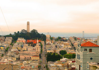 The golden skyline of SF from Lombard St