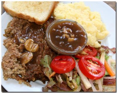 Meatloaf, Mashed Potatoes, Salad,  Mushroom Gravy