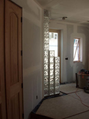 View of master shower glass blocks from the side