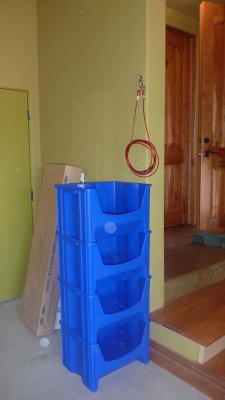 Recycling bins and cord for hanging laundry