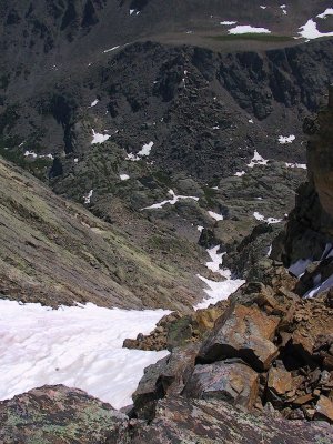 Looking Down Snow Filled Couloir That Forms Upright on Cross