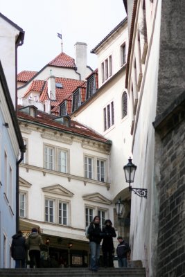 walking up steps towards Prague Castle