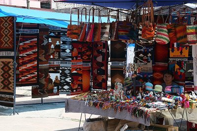 market in Otavalo, showing the colourful fabrics