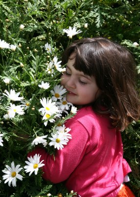 Our neighbors beautiful child enjoying the flowers. 