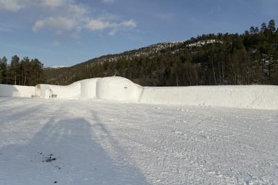 The outside of the ice hotel