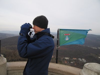 Steve at the top of Erzsebet Tower, a 1 km walk from the Childrens Railway, and the highest point in Budapest