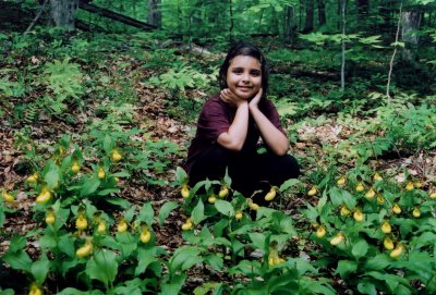 Johanna in the sylvan setting of lady's-slipper heaven, maidenhair ferns in the background. VT 6/1/07 .jpg
