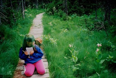 Johanna and Christina doing orchid research. Lomond River Trail boardwalk, NL 7/10/07