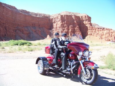 Jim & joy on their Harley-Voyagerwith Baby Rocks, AZin the background