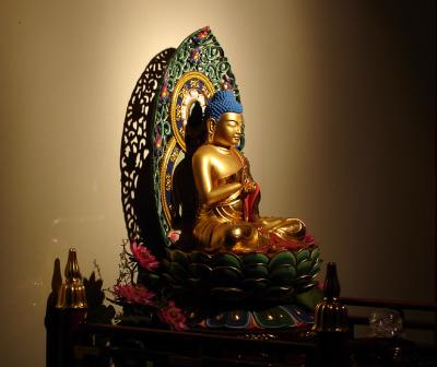 Buddha image dramatically lit
