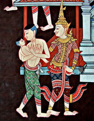 Mural of divinity guiding man and baby