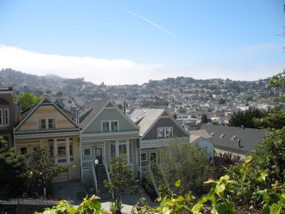 Noe Victorians and fog, Dolores Heights