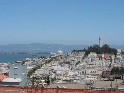Rooftop views of Coit Tower and Telegraph Hill taken from Russian Hill