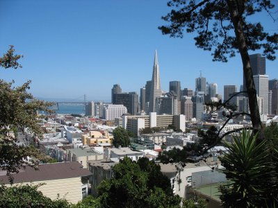 Transamerica Pyramid, downtown and Bay Bridge views from  Russian Hill