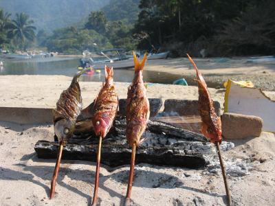 Our lunch grilling on sticks, Boca de Tomatlan