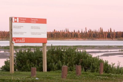 Port of Moosonee improvements sign at sunset