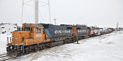 Polar Bear Express shortly before departure for Cochrane from Moosonee on 2009 March 27