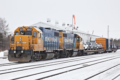 GP38-2's 1801 and 1802 on freight service in Moosonee 2009 March 27