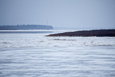 2009 December 7th: view up the Moose River towards hydro lines that bring power to Moose Factory from the mainland