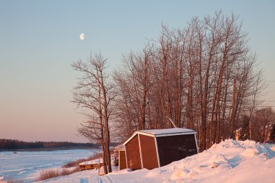 Moon and shoreline at sunrise 2010 March 5