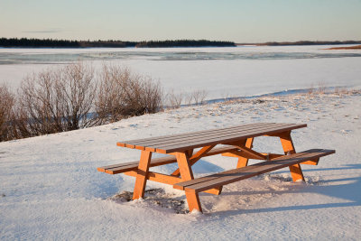 Picnic bench above the Moose River
