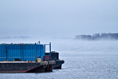 Barges in front of fog rolling in from James Bay 2010 May 17th