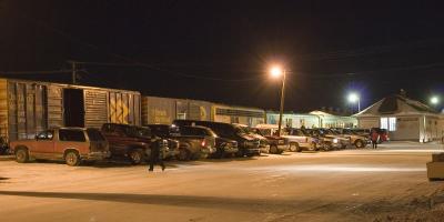 Evening arrival of mixed train 421 at Moosonee