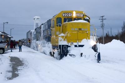 GP40-2 2201 leads mixed train past Moosonee station