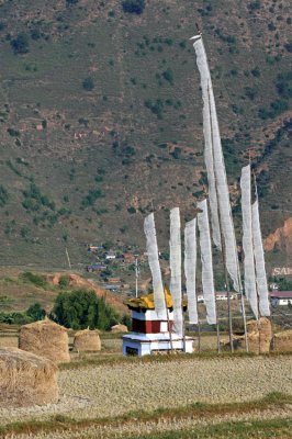 Village chorten and prayer flags