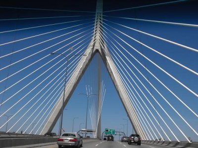 Boston's Leonard P. Zakim Memorial Bridge (aka The Zakim), taken through my windshield.