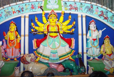 Novel interpretation of the Goddess Durga, inspired by the folk art of Bengal.