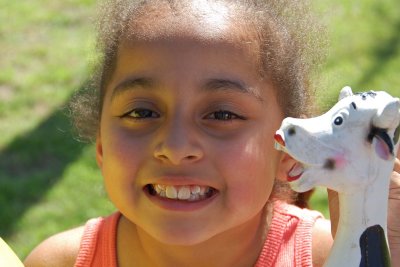 Joelle with a rubber cow.