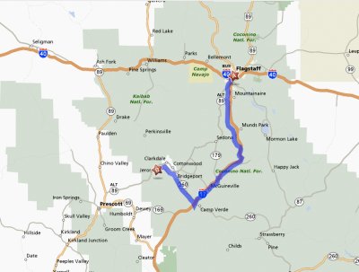 Map from Flagstaff to Jerome