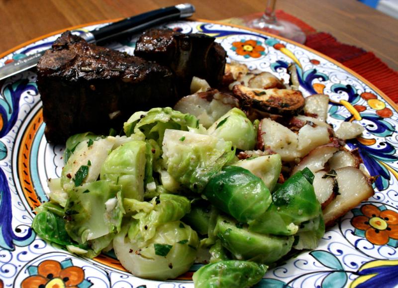 lamb, potatoes, sprouts