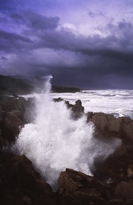 A blowhole blows off, Pancake Rocks, Punakaiki, Westland