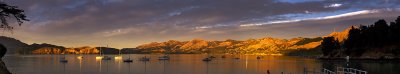 Early light on the hills from Corsair Bay, Lyttelton Harbour, Canterbury, New Zealand
