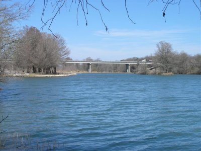 Bridge and dam.  Downstream there is less water.